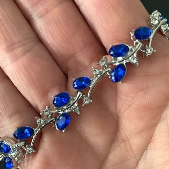 Leaves on a Vine Tennis Bracelet with Sparkly Blue Faux Sapphire Gemstones